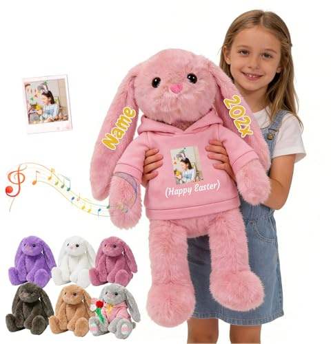 DRAJOIN Personalisierter Großer Plüschhase Mit Text Foto, 40cm Bis 65cm Maßgeschneidertes Großer Osterhase Plüschtier Hasen Stofftier Als Erste Ostergeschenke Für Jungen Mädchen Zu Ostern