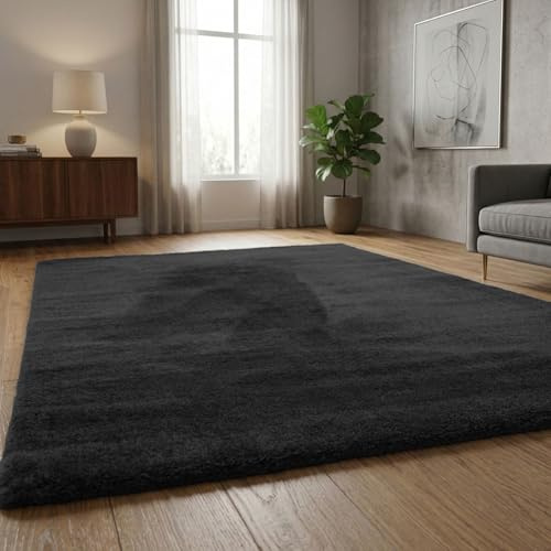 VIMODA Teppich Mikrofaser Ultra Weich – Flauschiger Teppich für Wohnzimmer & Schlafzimmer Pflegeleicht,Farbe:Schwarz;Maße:120x170 cm