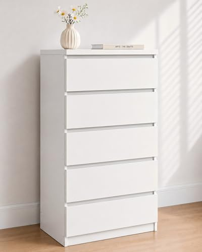 Soayone Kommode weiß mit 5 Schubladen, Mehrzweckschrank & Schubladenschrank, Sideboard schmal für Schlafzimmer, Wohnzimmer und Flur, 60 x 40 x 121 cm