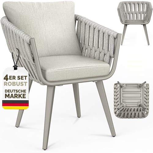 tillvex® Gartenstuhl 4er Set Wetterfest mit Armlehne & Kissen bis 160kg | Gartenstühle UV-beständig | Terrassenstuhl + Sitz- & Rückenpolster | Outdoor Stühle Sessel Gartenmöbel Terrasse Balkon Garten