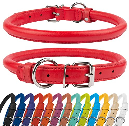 CollarDirect Collier de Chien en Cuir roulé, Collier de Chiot Rond rembourré Doux, Collier en Cuir véritable Fait à la Main pour Petit Grand Collier de Chat 13 Couleurs (23-28 cm, Rouge texturé)