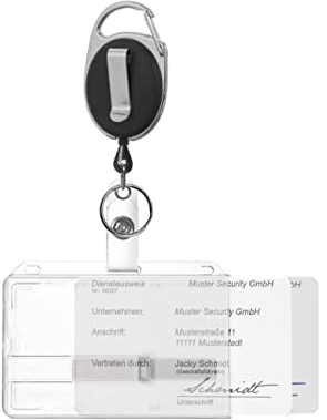 Porte-badge avec enrouleur noir, clip et mousqueton, Porte-carte horizontal pour deux cartes avec deux glissières transparentes en polycarbonate pour cartes d’identification, cartes au format EC