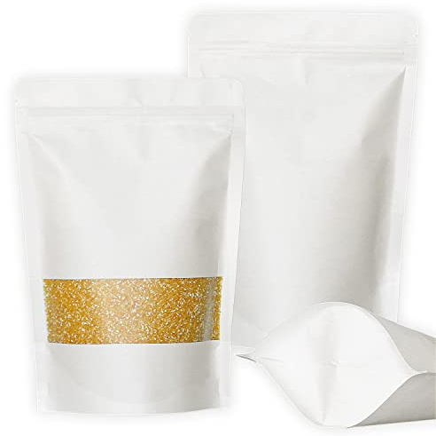 SumDirect 50pcs White Kraft Stand Up Food Bags, Zipper Reusable Packing Pouches with Transparent Window and Tear Notch Thicken Heat Sealable for Storing, Cookie, Snack and Drinking (18×26cm)