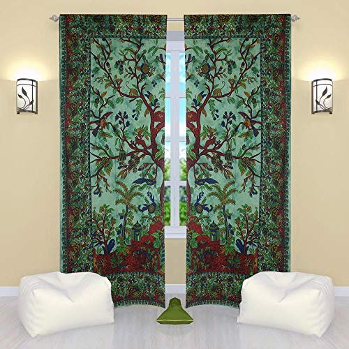 THE ART BOX Fenstervorhänge Indische 2er-Set Tapisserie-Fenstervorhänge Hängende Volants für Raumteiler (Grüner Baum, 50 x 75 Zoll oder 127 x 190 cm)