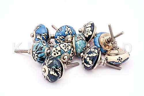 KNOBSWORLD Lot de 10 boutons de tiroir assortis multicolores en céramique bleu vert indien