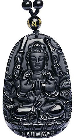 Purmy Buddha Anhänger Naturstein Amulett, Avalokitesvara Jade Buddha mit Verstellbarer Schwarzer Perlenkette 52-72cm