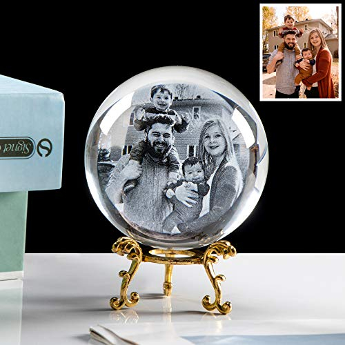 K9 Bola de cristal 8 cm Marco de fotos personalizado 2D grabado láser fotos con base dorada, regalos de recuerdo para mujeres