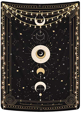 Yugarlibi Mondphasen Wandteppich Mysteriöser Konstellation Sternenhimmel Tarotkarten Wandbehang Ästhetische Retro Astrologie Wandkunst für Schlafzimmer Wohnzimmer Schwarz 150x130cm