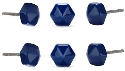 Perilla Home Set of 6 Geometric Blue Ceramic Knob Hexagon Small Knobs Kitchen Cabinet Cupboard Glass Door Dressser Wardrobe and Drawers Pull Knob