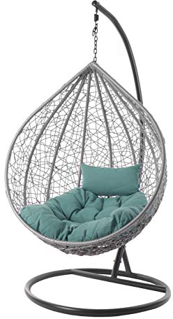 Kideo® Komplettset: großer Hängesessel mit Gestell & Kissen, Lounge Möbel, Poly-Rattan, XXL, grau (Kissen: türkis Chesterstepp (5060 Ocean))