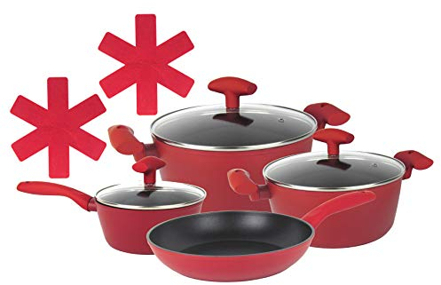 Michelino 7 teiliges Profikochtopf-Set Serie Nora inkl. Zwei Filz Pfannenschützer - für alle Herdarten auch Induktion - Spülmaschinengeeignet Pflegeleicht (Rot)