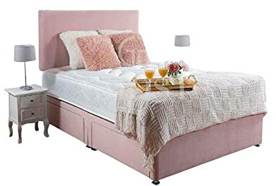 GHOST BEDS Prague Divan Bed Set + 10 Memory Sprung Mattress + Free 20 Headboard AVAILABLE (Pink Plush Velvet, 2FT6 SMALL SINGLE)