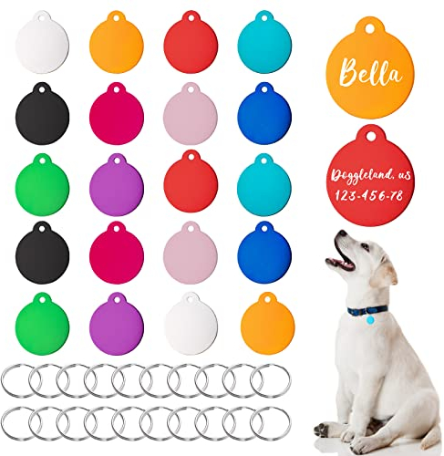 HACRAHO 20 Stück runde Aluminium-Haustier-ID-Tags – blanko gravierte Hunde-Namensschilder mit 20 Schlüsselringen, 3,5 x 3,2 cm