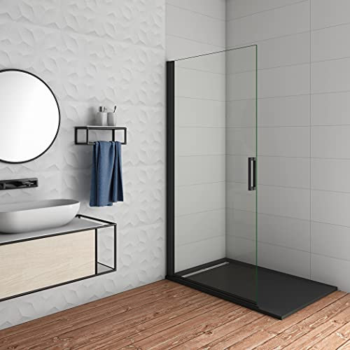 AICA paroi de douche pivotante 76x200cm en 8mm verre anticalcaire profilé noir mat
