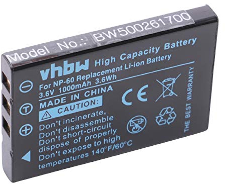 vhbw Batterie Remplacement pour Aiptek ZPT-NP60 pour Appareil Photo, Reflex numérique (1000mAh, 3,6V, Li-ION)