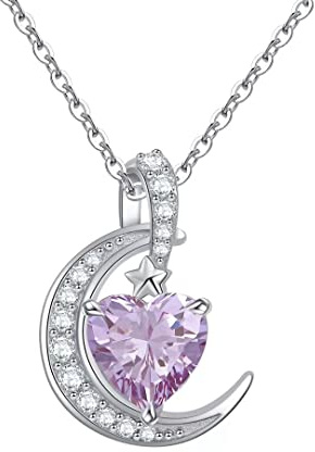 Qings Geburtsstein Kette Mond Halskette - Sterling Silber 925 Anhänger Herz Zirkonia Edelstein Schmuck Geschenke für Damen Mädchen Ehefrau
