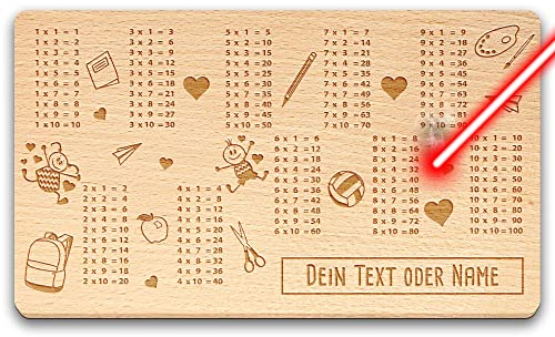 Frühstücksbrett mit Name/Text gravieren - Brettchen für Kinder, Einmaleins, Geschenk zur Einschulung für Mädchen, Jungen - 1x1-Holzbrett Buche I Personalisiert, Lasergravur