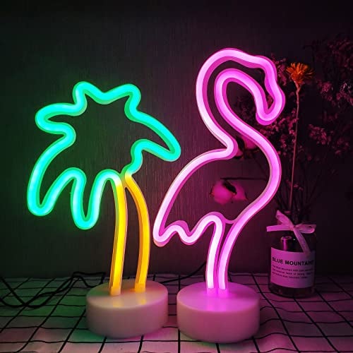 ENUOLI LED Flamingo und Kokosnuss Palme Neonlichter 2 Packungen Dekoration Neonzeichen Tischdekor Lichter USB/Batteriebetriebene Neonlichter für Schlafzimmer Home Hochzeit Geburtstag Urlaub Bar Par