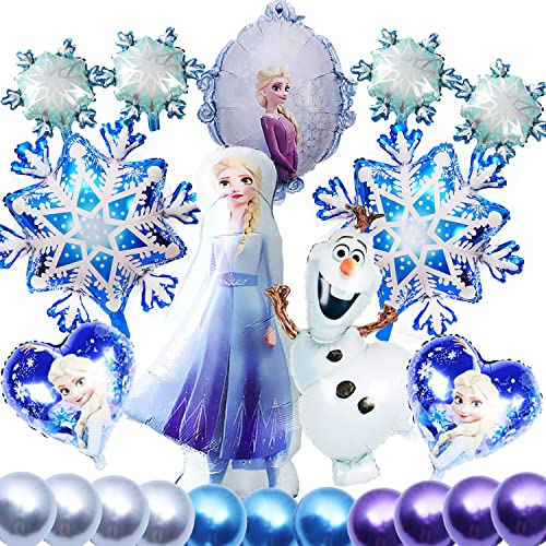 SHAMO 22Stück Schneeflocke Geburtstagsfeier Dekorationen, Schneekönigin Foil Balloons, Latexballon Aus Metall,Elsa Luftballon for Children's Party Decoration