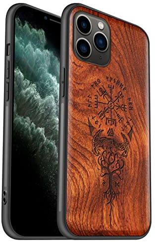 Carveit Custodia in Legno per iPhone 11 Pro Case Naturale Unique [Estetico Rosea Legno] Antiurto con Protezione Compatibile con Apple 11 Pro Cover Paraurti Robusto TPU (Bussola vichinga)