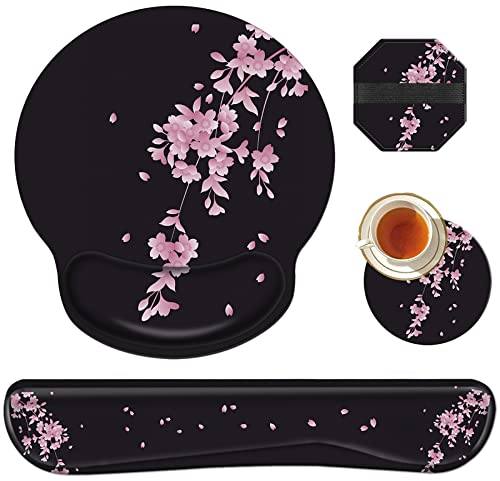 RAUEDWDJS Wrist Rests for Keyboard and Mouse Support Gel Pad + Screen Cleaning Pad + Coaster, Cloth Wipes for Laptop/Computer Screen, Ergonomic Memory Foam Mousepad for Gaming/Work, Cherry Blossoms