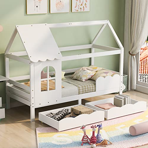 ModernLuxe Kinderbett Hausbett 90x200 cm, Massivholz Rausfallschutz Bett mit 2 Schubladen und Lattenrost, für Kinder- Weiß (ohne Matratze) (B)