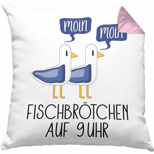 Trendation Fischbrötchen auf 9 Uhr Kissen mit Füllung 40x40 Moin Moin Geschenk Nordsee Norderney Sylt Ferhmarn Spruch Möwen (Rosa)