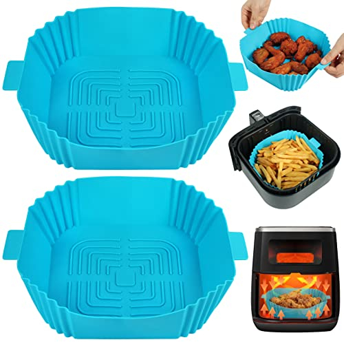 BYKITCHEN Silicone Air Fryer Liner Square, 2 Pack 8 Inch Pot, Baking Basket/Tray, Accessories for COSORI, Ninja, Tower, Salter (Blue)