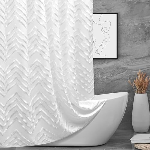 Extra Lange Duschvorhänge, 183 x 213 cm, weiß, getuftet, Chevron, gestreift, Stoff, Duschvorhänge für Badezimmer, modern, Shabby-Chic, wasserdicht, Stoff-Duschvorhang-Set mit Haken, Weiß