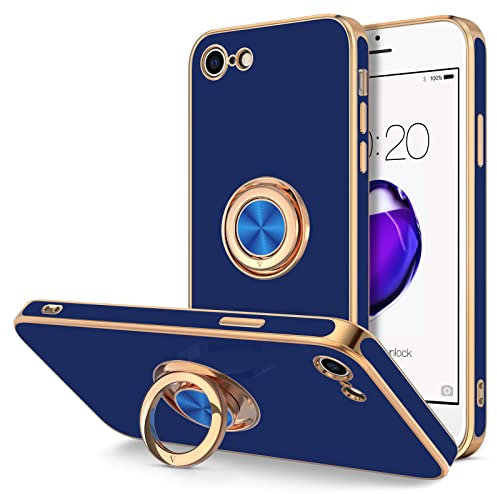 Hython Case for iPhone SE Case 2022/2020, iPhone 8 7 Case Ring Holder Stand Magnetic Kickstand, Plating Rose Gold Edge Soft TPU Bumper Cover Shockproof Protective Phone Cases Women Girls Boys, Blue