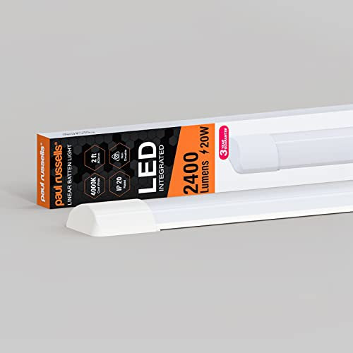 paul russells 2ft LED Batten, Ceiling Fitting Tube Light, 4000K Cool White, 20W, 2400 Lumens, Light for Office, Bathroom, Kitchen, Garage, Warehouse Fluorescent Lighting Replacement, 1 Pack