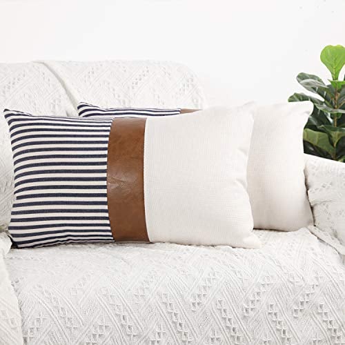 Merrycolor 2er Set Navy Blau Streifen Kissenbezug, Spleißen Leinen Wurf Moderne Akzent-Kissenbezüge aus hellbraunem Kunstleder Landhausstil Kissenhülle für Sofa Gartenbett Schlafzimmer 30x50cm