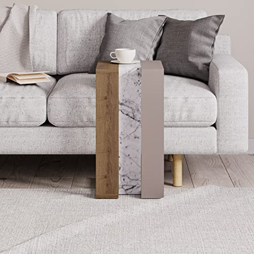 HOCUS PICUS | Moderner C-Tisch für Wohnzimmer | Multifunktionaler Beistelltisch | Couchtisch & Nachttisch mit vielen Farboptionen | 57 x 40 x 30 cm Dunkle Eiche - Gold-Marmor Effekt - Helles Mokka