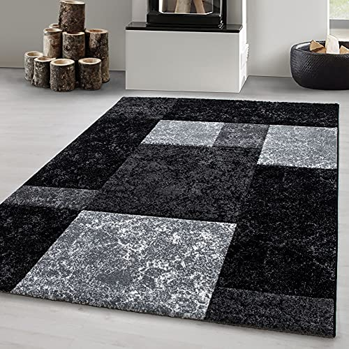 Carpetsale24 Teppich 280x370 cm – XXL Kurzflor Konturenschnitt in Schwarz Grau Weiß – Kariertes Design, Extra Weich, Pflegeleicht, Waschbar – Für Großes Wohnzimmer oder Esszimmer