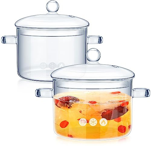 Zubebe Set di 2 pentole in vetro per cucinare sul fornello, pentole in vetro con coperchio, resistenti al calore, trasparenti, pentole e padelle in vetro con coperchio, per zuppe e latte (1,5 l, 1,9