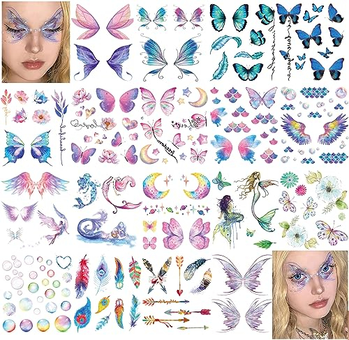 Rosymormor 18 Feuilles Tatouages Ephemere Paillettes pour Femmes Filles, Papillon Fleurs Visage Corps Brillant Faux Temporaire Tatouages pour Fête Anniversaire Festival Maquillage Halloween Noël