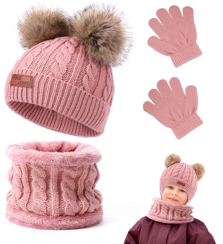 Aoreun Kinder Wintermütze Schal Handschuhe, 3 in 1 Mütze und Halstuch Baby Set, Baby Mütze Beanie Strickmütze, Warme Mädchen Winter Beanie Hut Schal Handschuhe Set für Kinder 2-6 Jahre