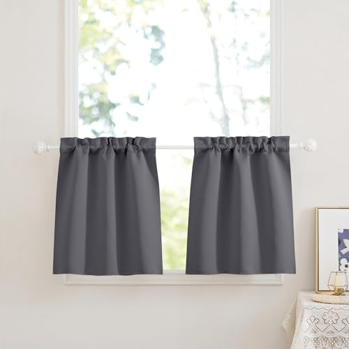 PONY DANCE Scheibengardinen Blickdicht Bistrogardine Modern Fenstergardinen 2er Set B 60 x H 45 cm Verdunklungsvorhänge Kurz Gardinen Küche Fenster Vorhänge Wohnwagen, Grau