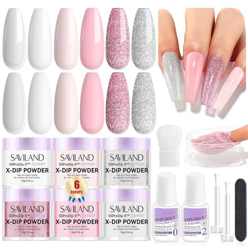 Saviland Dip Powder Nail Kit: 6 Classic Colors Nail Dip Powder with Vitamin Castor Oil Dip Base & Top Coat Activator Keratin Nail Dip Powder Starter Kit for French Nail Art Manicure Salon
