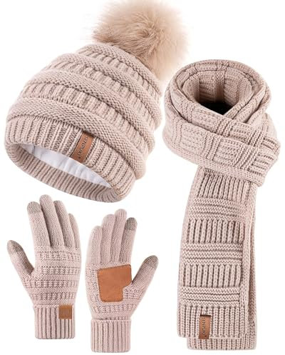 SENPUKI Mütze, Schal & Handschuh-Sets für Damen, Beanie Mütze Damen Winter mit Bommel Fleece Gefütterte, Touchscreen Handschuhe Schal Wärmer Cap 3-in-1 Geschenk Set für Kaltes Wetter(Beige)