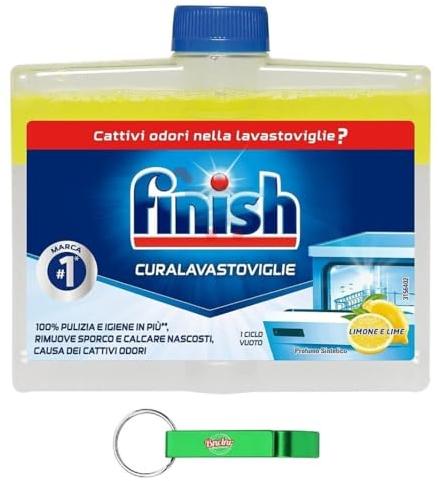 12 X Finish Cura Lavastoviglie, detersivo per lavastoviglie, effetto sgrassante, rimuovere i depositi di grasso e calcare, profumo di limone e lime 250 ml + portachiavi Beni Culinari gratuito