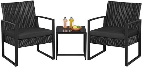 Yaheetech Salon de Jardin Exterieur 2 Fauteuils et 1 Table Basse en Poly Rotin et Métal Mobilier Fauteuils de Jardin pour Balcon/Bar/Bureau Noir