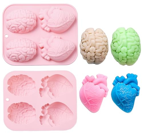 Ipotkitt 2 pezzi Stampi in Silicone Rosa Realistici a Forma di Cuore e Cervello Stampi per Organi di Halloween Fondente Stampi Fai da Te per Torte al Cioccolato Stampi per Artigianato Fai da Te Torta