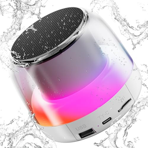 PRSCFUM Portable Bluetooth Speaker, NEW Wireless Speaker with RGB LED Light, Dual Pairing, HiFi Stereo Sound, TF Card Play Support, Mini Portable Speaker for Travel, Outdoor, Party, Beach, White