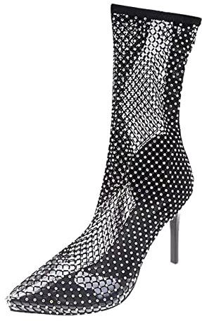 Stivali lunghi da donna Punta Sottile Medio Donne Alto Pizzo Colore Scarpe Tacchi Stivali Tubolari Strass Solido Stivali Da Donna Pantaloni Da Pesca Con Per Più Spessa, Nero , 38 EU