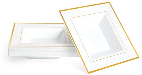 MATANA 20 Bols Carrés Blancs en Plastique avec Bord Doré, (360ml) - Bols à Dessert Solides & Réutilisables - Bols à Soupe, Assiettes Creuses pour Mariages, Anniversaires, Noël & Fêtes