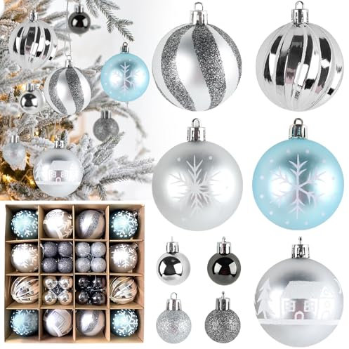 Jemmytu Palline Albero di Natale, 44 PCS Palle di Natale con Corda da Appendere, Palline per Albero di Natale, Plastica Addobbi Natalizi per Natale Vacanze Feste Decorazioni (Ciano Argento)