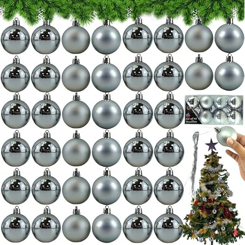 48 silberfarbene Weihnachtskugeln, 5 cm, bruchsichere Weihnachtskugeln, Eiskönigin Winter, silberne Weihnachtskugeln für Weihnachtsbaumschmuck