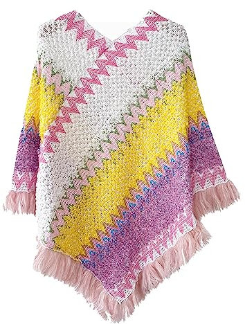 FGUUTYM Buntes Spleiß-Poncho für Damen mit Nationaldruck und Quasten, gestrickter Schal, Schal mit Fransen, Pashminas, Pullover, Geschenke für Frauen, Pullover mit Quastensaum, (Yellow, One Size)