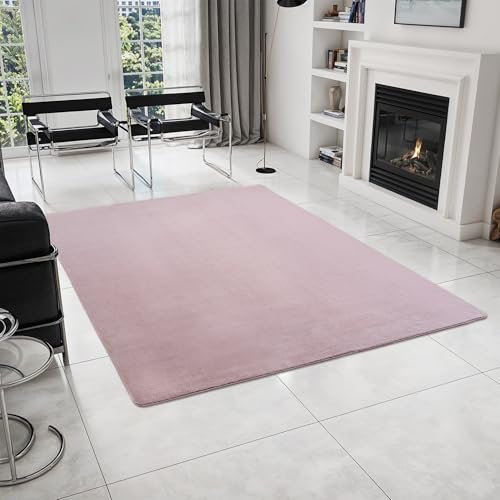 HomebyHome Kurzflor Teppich Wohnzimmer 240 x 340 cm Rosa - Teppich Weich, Waschbar, rutschfest, modern einfarbig Design - für Schlafzimmer, Küche, Esszimmer